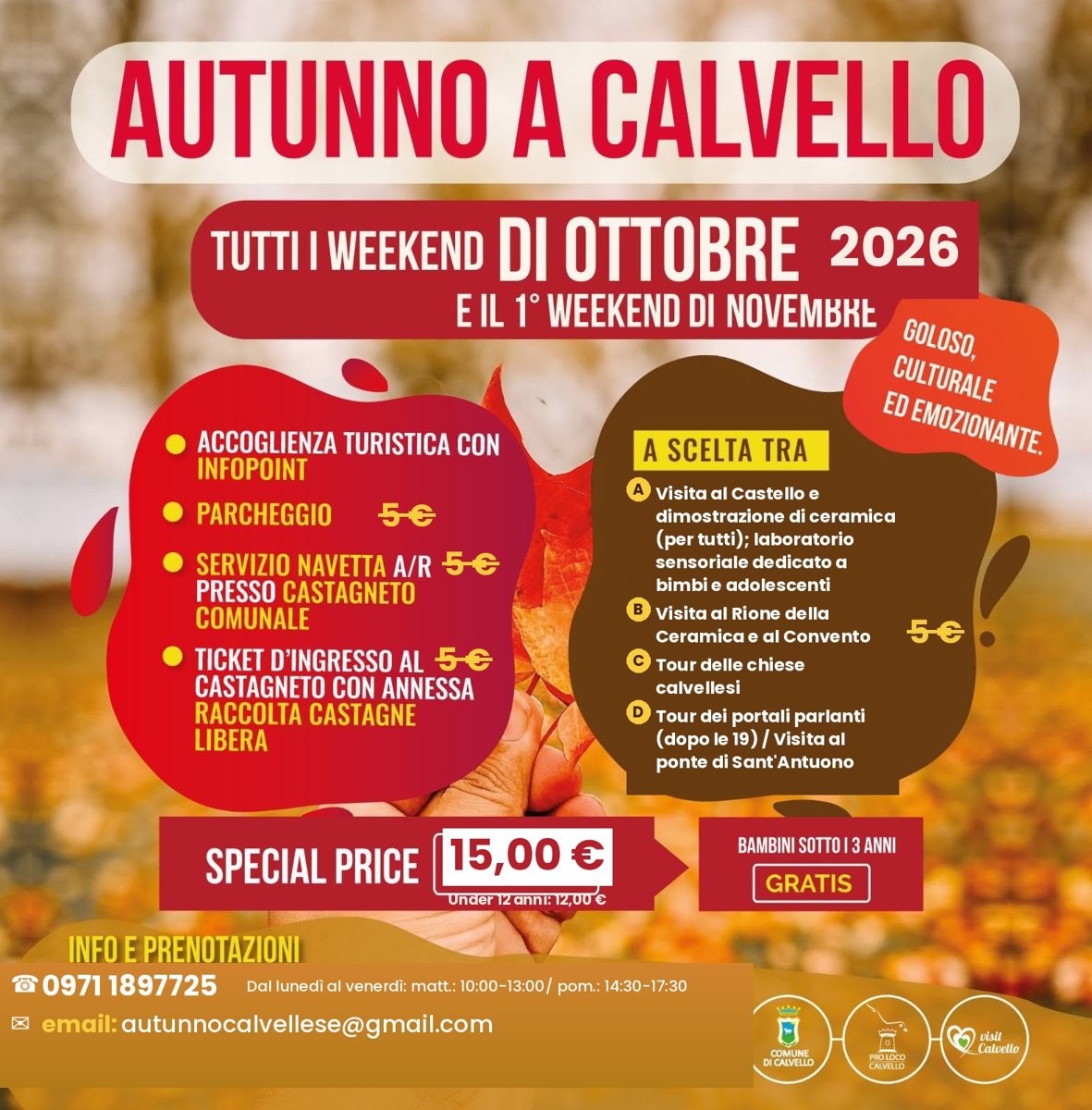 Locandina Autunno a Calvello 2026: pacchetto esperienza 15 euro, under 12 anni 12 euro, bambini sotto i 3 anni gratis